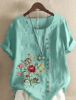 Best Women's Cotton Linen Shirts Floral Graphic Elegant Daily Basic Short Sleeve Crew Neck Regular Tops Daily Holiday Vacation Wear Buttons Grass Green White Yellow Army Green Navy Blue Summer Women Shirts