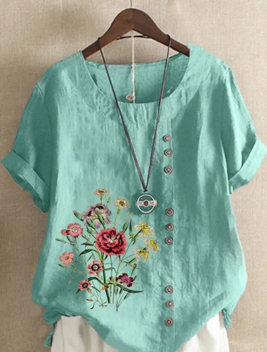 Best Women's Cotton Linen Shirts Floral Graphic Elegant Daily Basic Short Sleeve Crew Neck Regular Tops Daily Holiday Vacation Wear Buttons Grass Green White Yellow Army Green Navy Blue Summer Women Shirts