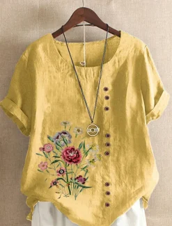 Best Women's Cotton Linen Shirts Floral Graphic Elegant Daily Basic Short Sleeve Crew Neck Regular Tops Daily Holiday Vacation Wear Buttons Grass Green White Yellow Army Green Navy Blue Summer Women Shirts