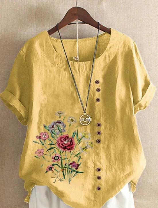 Best Women's Cotton Linen Shirts Floral Graphic Elegant Daily Basic Short Sleeve Crew Neck Regular Tops Daily Holiday Vacation Wear Buttons Grass Green White Yellow Army Green Navy Blue Summer Women Shirts