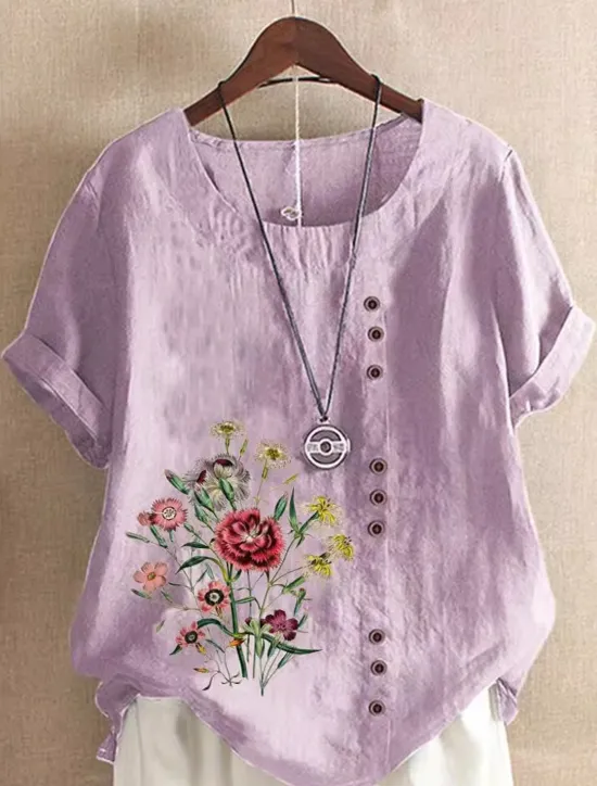 Best Women's Cotton Linen Shirts Floral Graphic Elegant Daily Basic Short Sleeve Crew Neck Regular Tops Daily Holiday Vacation Wear Buttons Grass Green White Yellow Army Green Navy Blue Summer Women Shirts