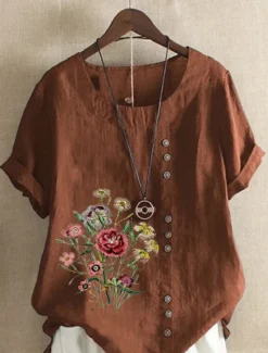 Best Women's Cotton Linen Shirts Floral Graphic Elegant Daily Basic Short Sleeve Crew Neck Regular Tops Daily Holiday Vacation Wear Buttons Grass Green White Yellow Army Green Navy Blue Summer Women Shirts