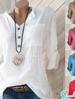 Best Women's Cotton Linen Shirts Solid Color Elegant Daily Basic Long Sleeve Crew Neck Long Tops Daily Holiday Going out Buttons White Pink Red Blue khaki Summer Fall Women Shirts