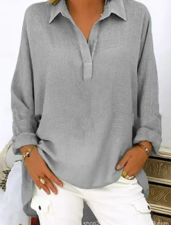 Hot Women's Cotton Linen Shirts Solid Color Basic Casual Long Sleeve V Neck Regular Tops Daily Pink Blue Green Gray Summer Spring Fall Women Shirts