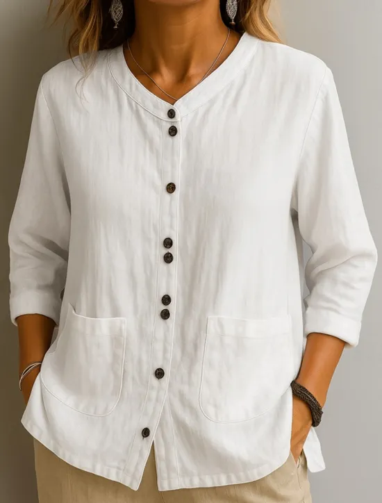 Best Women's Cotton Linen Shirts Solid Color Basic Casual 3/4 Length Sleeve Crew Neck Regular Tops Daily Pocket Buttons White Wine Green Khaki Summer Spring Fall Women Shirts