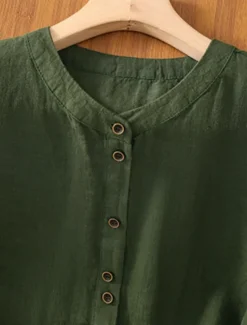 Best Women's Cotton Linen Shirts Solid Color Basic Casual 3/4 Length Sleeve Crew Neck Regular Tops Daily Pocket Buttons White Wine Green Khaki Summer Spring Fall Women Shirts
