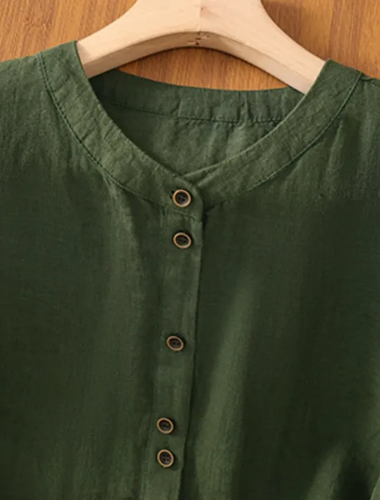 Best Women's Cotton Linen Shirts Solid Color Basic Casual 3/4 Length Sleeve Crew Neck Regular Tops Daily Pocket Buttons White Wine Green Khaki Summer Spring Fall Women Shirts