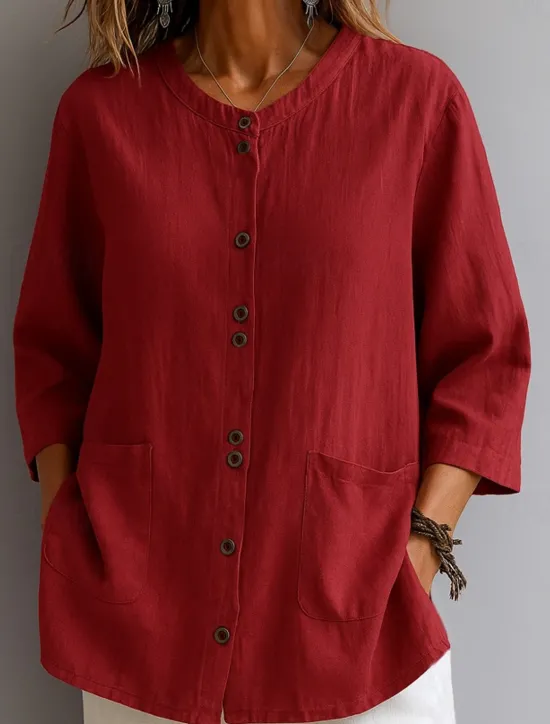 Best Women's Cotton Linen Shirts Solid Color Basic Casual 3/4 Length Sleeve Crew Neck Regular Tops Daily Pocket Buttons White Wine Green Khaki Summer Spring Fall Women Shirts