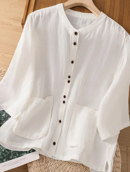 Best Women's Cotton Linen Shirts Solid Color Basic Casual 3/4 Length Sleeve Crew Neck Regular Tops Daily Pocket Buttons White Wine Green Khaki Summer Spring Fall Women Shirts