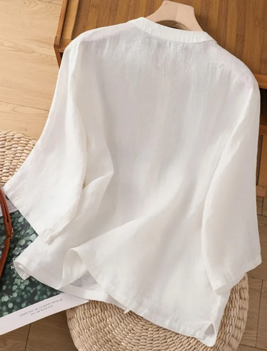 Best Women's Cotton Linen Shirts Solid Color Basic Casual 3/4 Length Sleeve Crew Neck Regular Tops Daily Pocket Buttons White Wine Green Khaki Summer Spring Fall Women Shirts
