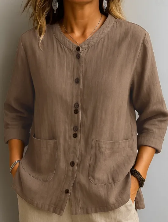Best Women's Cotton Linen Shirts Solid Color Basic Casual 3/4 Length Sleeve Crew Neck Regular Tops Daily Pocket Buttons White Wine Green Khaki Summer Spring Fall Women Shirts