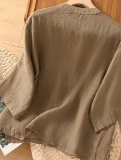 Best Women's Cotton Linen Shirts Solid Color Basic Casual 3/4 Length Sleeve Crew Neck Regular Tops Daily Pocket Buttons White Wine Green Khaki Summer Spring Fall Women Shirts