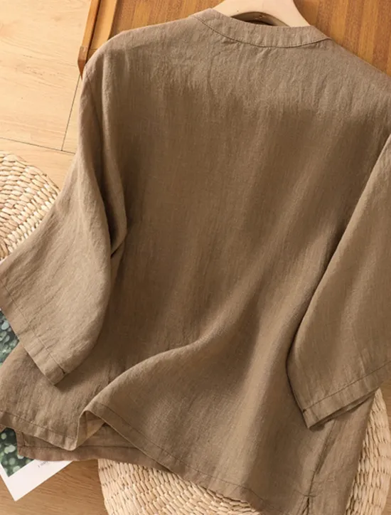 Best Women's Cotton Linen Shirts Solid Color Basic Casual 3/4 Length Sleeve Crew Neck Regular Tops Daily Pocket Buttons White Wine Green Khaki Summer Spring Fall Women Shirts