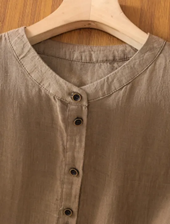 Best Women's Cotton Linen Shirts Solid Color Basic Casual 3/4 Length Sleeve Crew Neck Regular Tops Daily Pocket Buttons White Wine Green Khaki Summer Spring Fall Women Shirts