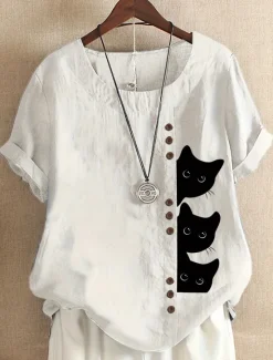 Best Women's Cotton Linen Shirts Animal Cat Elegant Daily Stylish Short Sleeve Crew Neck Regular Tops Daily Holiday Vacation Wear Buttons White Yellow Navy Blue Blue Purple Summer Spring Women Shirts