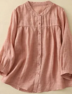 Sale Women's Cotton Linen Shirts Solid Color Basic Casual Long Sleeve High Neck Regular Tops Daily Buttons Blue Purple Orange Khaki Gray Summer Women Shirts