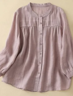 Sale Women's Cotton Linen Shirts Solid Color Basic Casual Long Sleeve High Neck Regular Tops Daily Buttons Blue Purple Orange Khaki Gray Summer Women Shirts