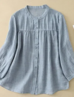 Sale Women's Cotton Linen Shirts Solid Color Basic Casual Long Sleeve High Neck Regular Tops Daily Buttons Blue Purple Orange Khaki Gray Summer Women Shirts