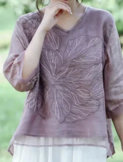 New Women's Cotton Linen Shirts Solid Color Basic Casual 3/4 Length Sleeve V Neck Regular Tops Daily Embroidered Navy Blue Blue Purple Orange Apricot Summer Women Shirts