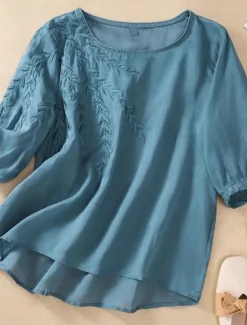 New Women's Cotton Linen Shirts Floral Basic Casual 3/4 Length Sleeve Crew Neck Regular Tops Daily Embroidered Black Yellow Pink Blue Summer Women Shirts