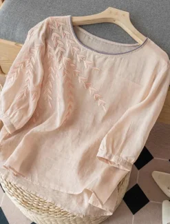 New Women's Cotton Linen Shirts Floral Basic Casual 3/4 Length Sleeve Crew Neck Regular Tops Daily Embroidered Black Yellow Pink Blue Summer Women Shirts
