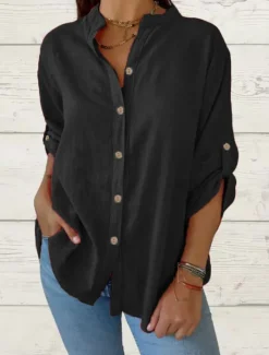 Sale Women's Cotton Linen Shirt Solid Color Elegant Casual Long Sleeve V Neck Regular Tops Daily Holiday Buttons Black White Red Summer Spring Women Shirts