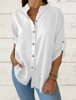 Sale Women's Cotton Linen Shirt Solid Color Elegant Casual Long Sleeve V Neck Regular Tops Daily Holiday Buttons Black White Red Summer Spring Women Shirts