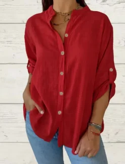 Sale Women's Cotton Linen Shirt Solid Color Elegant Casual Long Sleeve V Neck Regular Tops Daily Holiday Buttons Black White Red Summer Spring Women Shirts