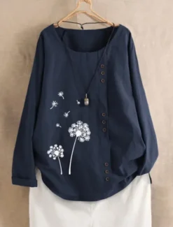 Clearance Women's Cotton Linen Shirts Floral Basic Casual Long Sleeve Crew Neck Regular Tops Daily Buttons Print White Navy Blue Summer Fall Women Shirts