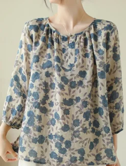 Women's Cotton Linen Shirts Floral Basic Casual 3/4 Length Sleeve Crew Neck Regular Tops Daily Print Summer Women Shirts
