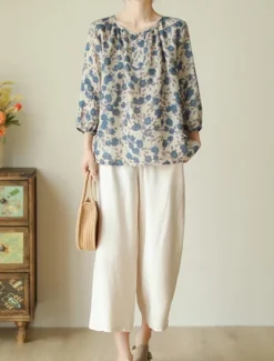Women's Cotton Linen Shirts Floral Basic Casual 3/4 Length Sleeve Crew Neck Regular Tops Daily Print Summer Women Shirts
