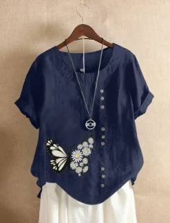 Women's Cotton Linen Shirts Animal Butterfly Elegant Vintage Tropical Short Sleeve Crew Neck Regular Tops Daily Holiday Vacation Wear Buttons White Army Green Navy Blue Blue Brown Summer Spring Women Shirts