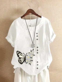 Women's Cotton Linen Shirts Animal Butterfly Elegant Vintage Tropical Short Sleeve Crew Neck Regular Tops Daily Holiday Vacation Wear Buttons White Army Green Navy Blue Blue Brown Summer Spring Women Shirts