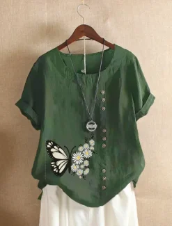 Women's Cotton Linen Shirts Animal Butterfly Elegant Vintage Tropical Short Sleeve Crew Neck Regular Tops Daily Holiday Vacation Wear Buttons White Army Green Navy Blue Blue Brown Summer Spring Women Shirts