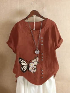 Women's Cotton Linen Shirts Animal Butterfly Elegant Vintage Tropical Short Sleeve Crew Neck Regular Tops Daily Holiday Vacation Wear Buttons White Army Green Navy Blue Blue Brown Summer Spring Women Shirts