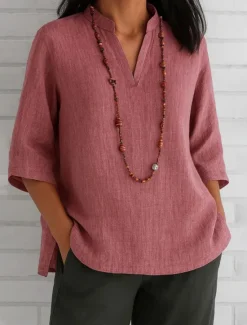 Hot Women's Cotton Linen Shirts Solid Color Basic Casual 3/4 Length Sleeve V Neck Regular Tops Daily Red Blue Green Khaki Summer Spring Women Shirts