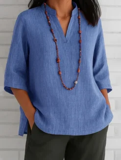 Hot Women's Cotton Linen Shirts Solid Color Basic Casual 3/4 Length Sleeve V Neck Regular Tops Daily Red Blue Green Khaki Summer Spring Women Shirts