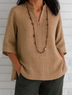 Hot Women's Cotton Linen Shirts Solid Color Basic Casual 3/4 Length Sleeve V Neck Regular Tops Daily Red Blue Green Khaki Summer Spring Women Shirts