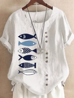 Clearance Women's Cotton Linen Shirts Animal Elegant Daily Basic Short Sleeve Crew Neck Regular Tops Daily Holiday Vacation Wear Buttons White Blue Purple Brown Summer Spring Women Shirts