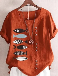 Clearance Women's Cotton Linen Shirts Animal Elegant Daily Basic Short Sleeve Crew Neck Regular Tops Daily Holiday Vacation Wear Buttons White Blue Purple Brown Summer Spring Women Shirts