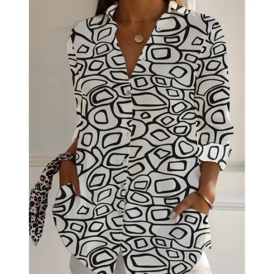 Discount Women's Cotton Linen Shirts Geometric Daily Casual 3/4 Length Sleeve Shirt Collar Regular Tops Daily Holiday Buttons Print Black White Brown Green Summer Women Shirts