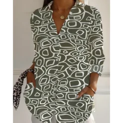 Discount Women's Cotton Linen Shirts Geometric Daily Casual 3/4 Length Sleeve Shirt Collar Regular Tops Daily Holiday Buttons Print Black White Brown Green Summer Women Shirts