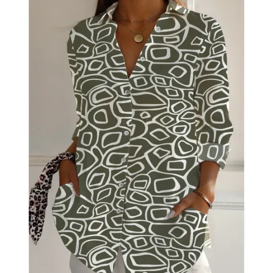 Discount Women's Cotton Linen Shirts Geometric Daily Casual 3/4 Length Sleeve Shirt Collar Regular Tops Daily Holiday Buttons Print Black White Brown Green Summer Women Shirts