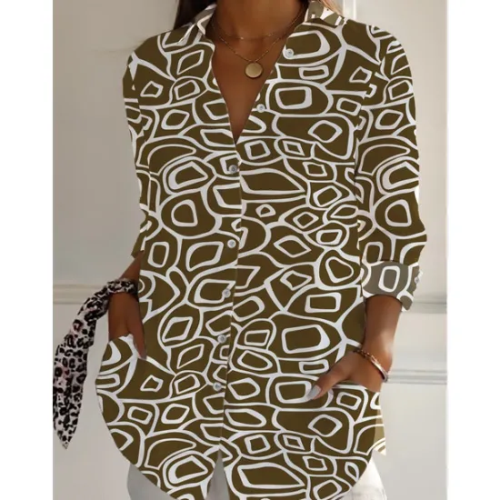 Discount Women's Cotton Linen Shirts Geometric Daily Casual 3/4 Length Sleeve Shirt Collar Regular Tops Daily Holiday Buttons Print Black White Brown Green Summer Women Shirts