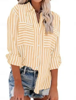Clearance Women's Cotton Linen Shirts Striped Stylish Casual Long Sleeve Shirt Button Down Blouse Collar Regular Tops Daily Pocket Buttons Print Yellow Pink Blue Green Summer Spring Fall Women Shirts