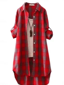 Hot Women's Cotton Linen Shirt Plaid Basic Casual Long Sleeve Shirt Collar Regular Tops Daily Buttons Print Yellow Red Green Summer Women Shirts