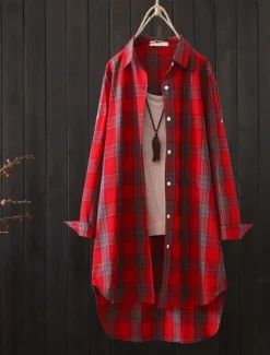Hot Women's Cotton Linen Shirt Plaid Basic Casual Long Sleeve Shirt Collar Regular Tops Daily Buttons Print Yellow Red Green Summer Women Shirts