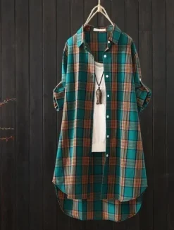 Hot Women's Cotton Linen Shirt Plaid Basic Casual Long Sleeve Shirt Collar Regular Tops Daily Buttons Print Yellow Red Green Summer Women Shirts