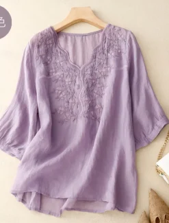 Outlet Women's Cotton Linen Shirts Solid Color Stylish Basic Casual 3/4 Length Sleeve V Neck Regular Tops Daily Embroidered Light Green Pink Purple Khaki Summer Women Shirts