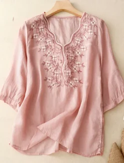 Outlet Women's Cotton Linen Shirts Solid Color Stylish Basic Casual 3/4 Length Sleeve V Neck Regular Tops Daily Embroidered Light Green Pink Purple Khaki Summer Women Shirts